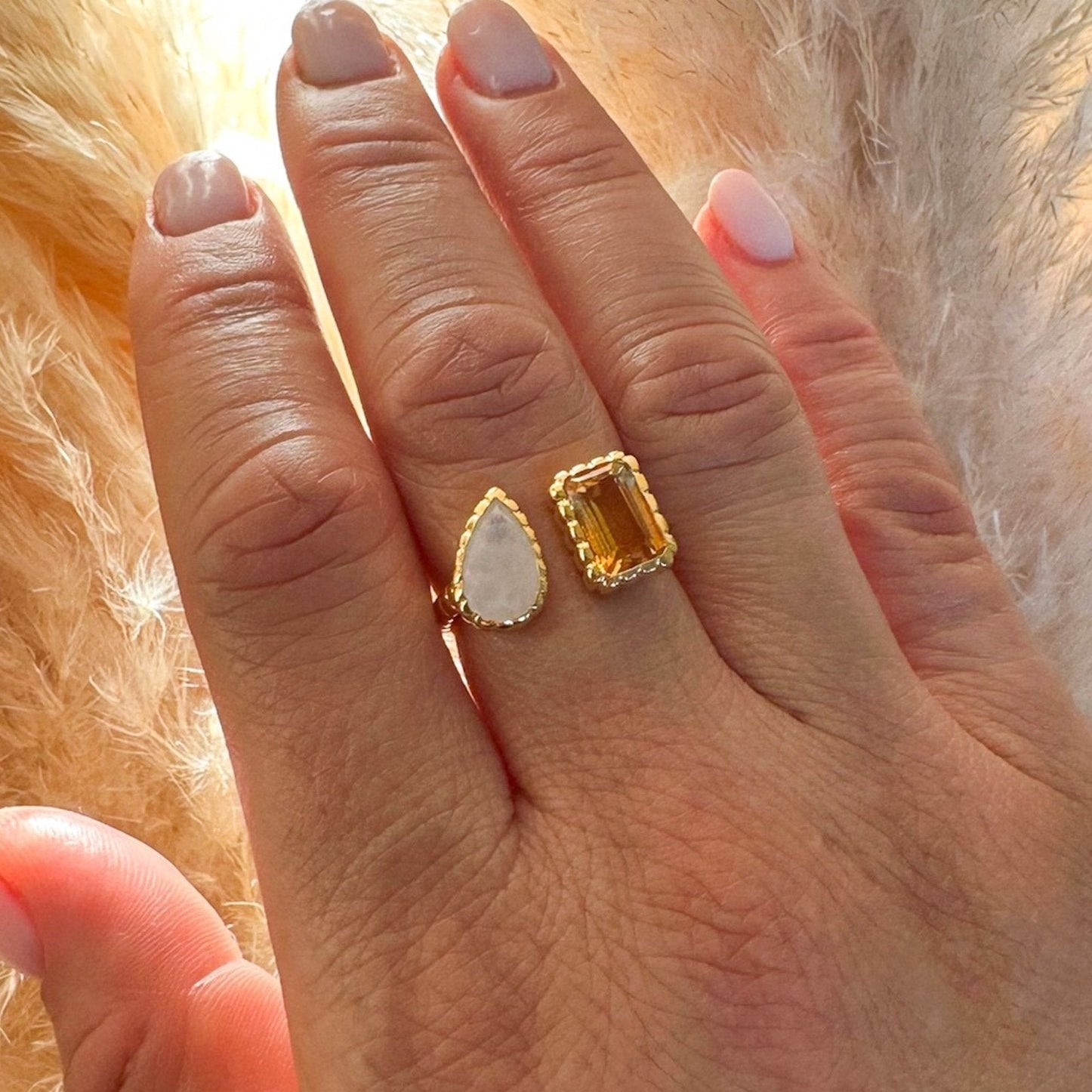 Rainbow Moonstone & Citrine 18k Gold Vermeil Gemstone Ring - Honoura