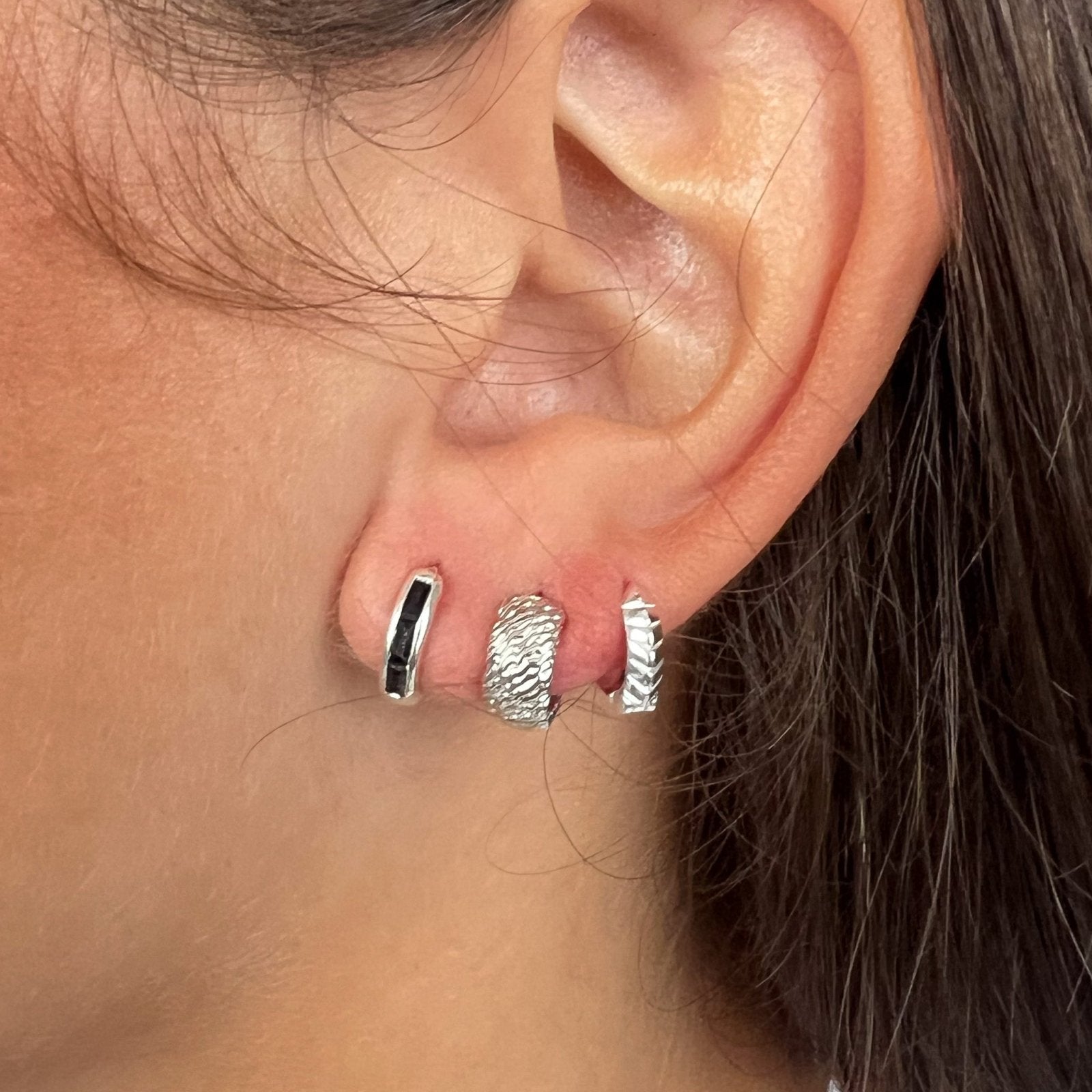 Gwenie Black Spinel Mini Silver Hoops - Honoura