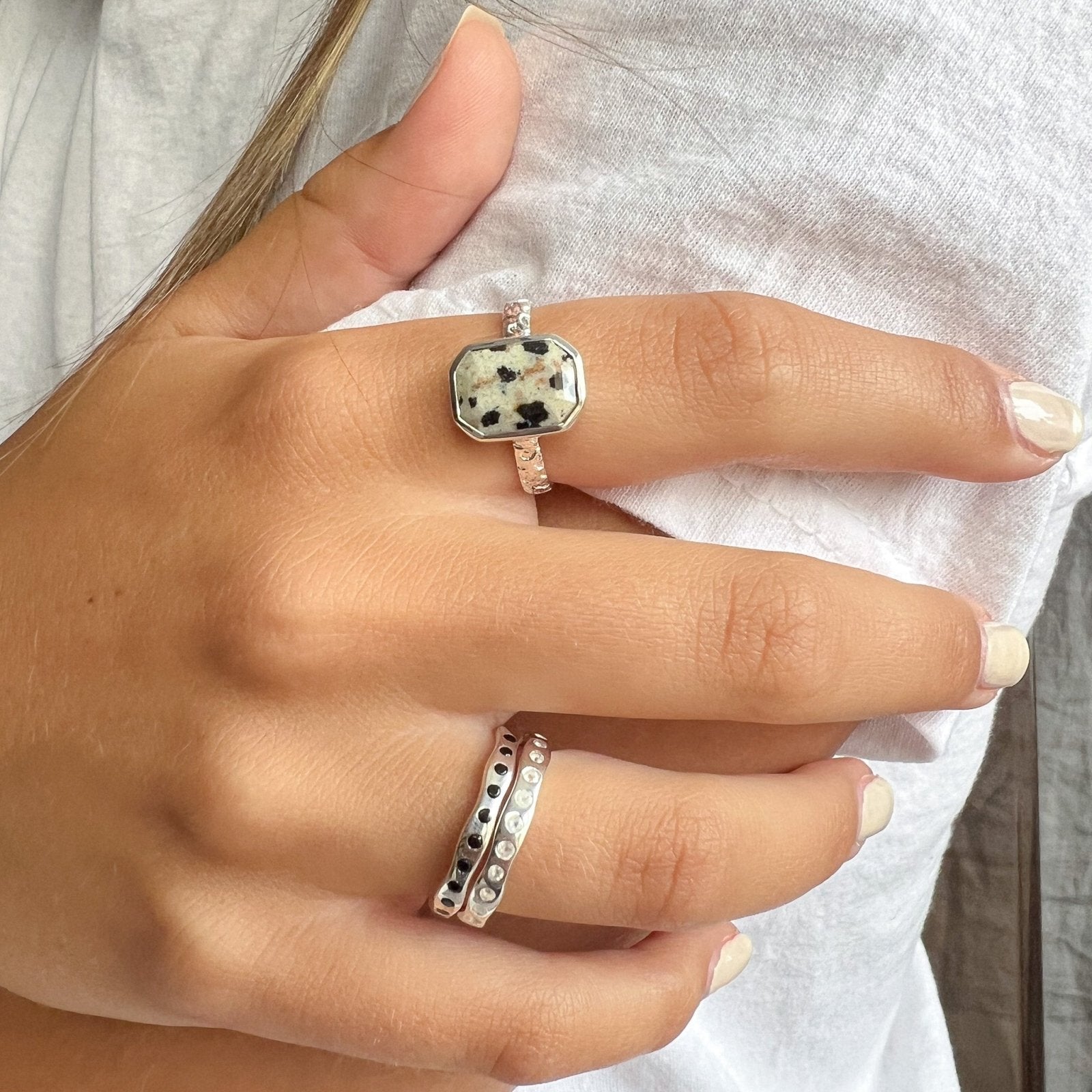 Vye Dalmatian Jasper Silver Ring - Honoura